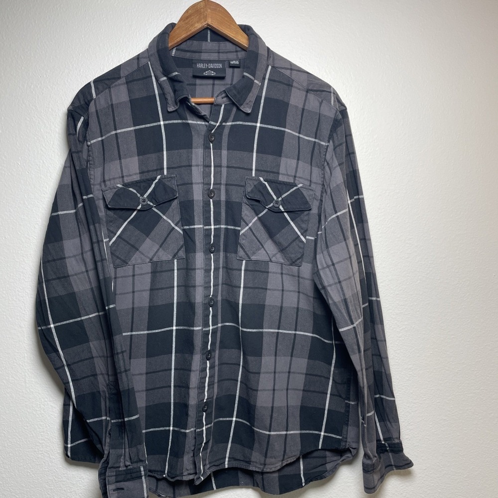 Harley Davidson Mens L Black Gray Button Up Shirt Biker Plaid Cotton